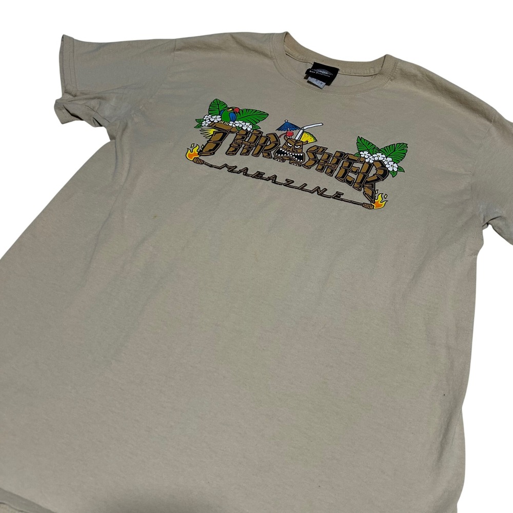 Thrasher Magazine T Shirt Mens M Tan Tiki Graphic Skate Short Sleeve  Y2K Skater